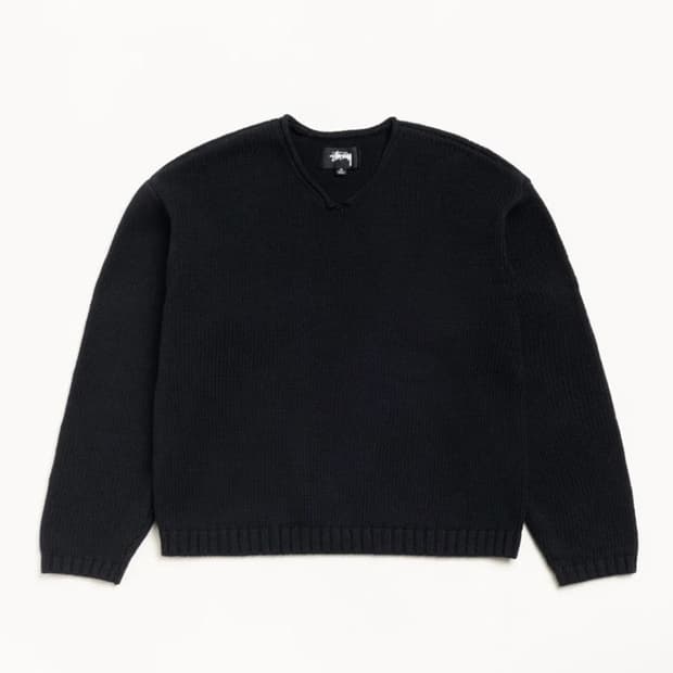 스투시 롤 브이넥 니트 블랙 XL