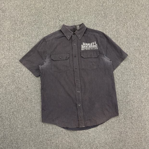 S)할리데이비슨 빈티지 후면 자수 스트라이프 반팔 셔츠(오염)