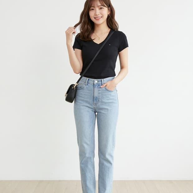 타미힐피거 여성 브이넥 반팔 티셔츠 블랙