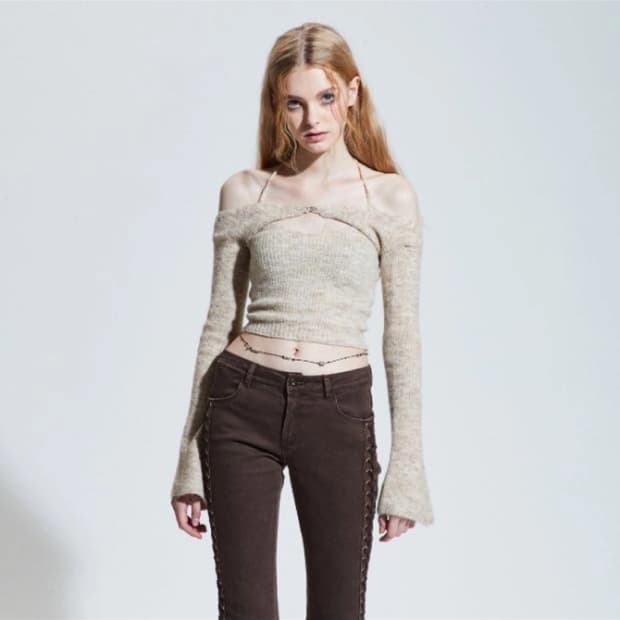 새상품) 페인오어플레져 세이렌 니트 볼레로 세트 멜란지베이지 유튜버착용