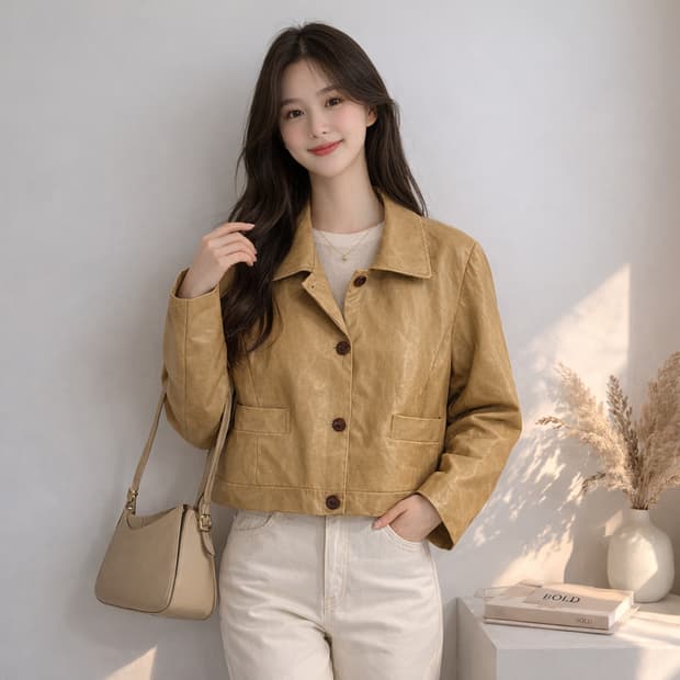 BOLD 카멜 베이지 크롭 레더 자켓 세미슬림핏