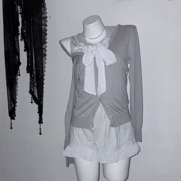 뮤트그레이 공겜여주 3피스 세트 땡땡이, 리본, 원피스