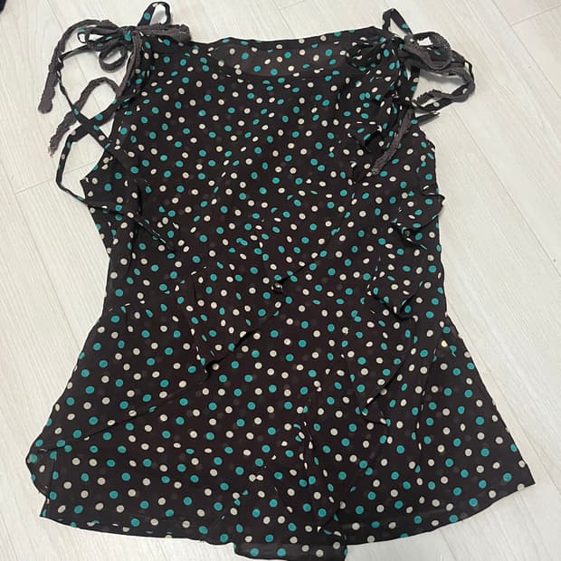 초코민트 사이드러플 쉬폰 나시 탑 어깨 리본 포인트