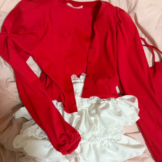 레드 퍼프가디건 (미니탑세트)거의새옷/어깨패드