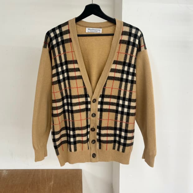 버버리 빈티지 베이지 노바 체크 브이넥 가디건