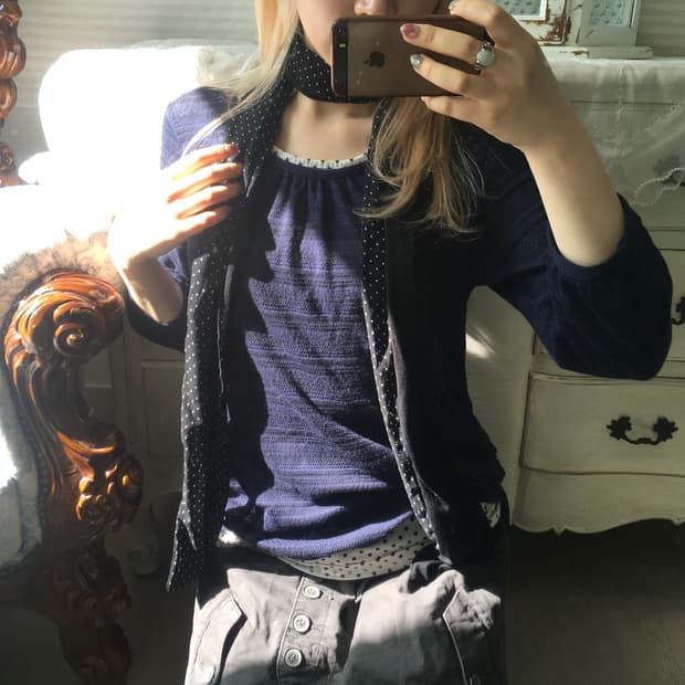 일본빈티지 네이비 셔링 7부 도트 레이어드 탑