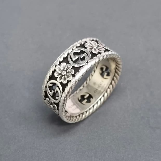 구찌 인터로킹 플라워링 18호 실버 반지 G링 에이지드 피니쉬