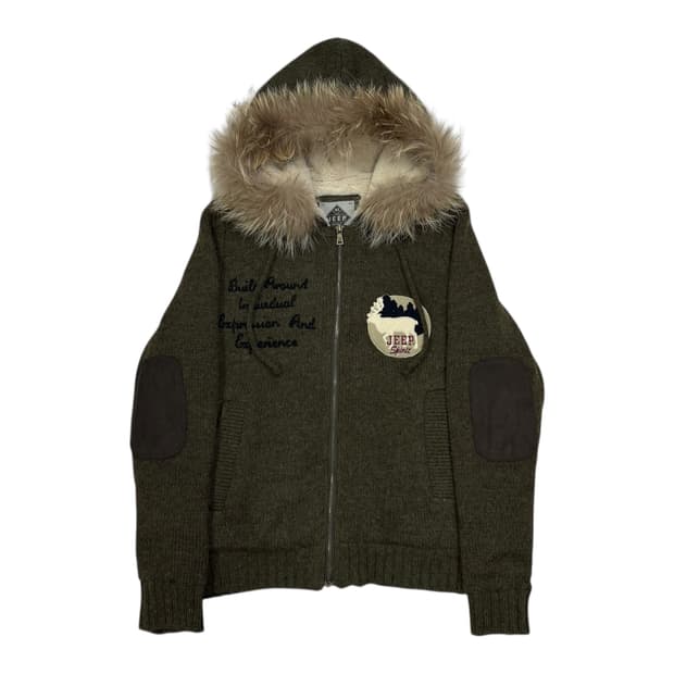 지프 빈티지 Y2K 울 니트 라쿤 퍼 울프죠 후드집업 자켓 카키 XL