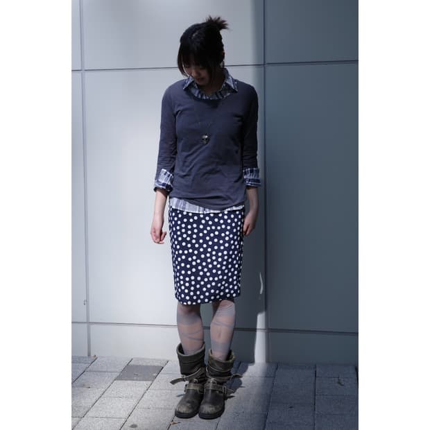 빈티지 네이비 도트 미디 스커트