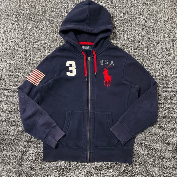 빈티지9. 폴로랄프로렌 성조기 USA 후드집업 빅포니 로고 네이비 레드
