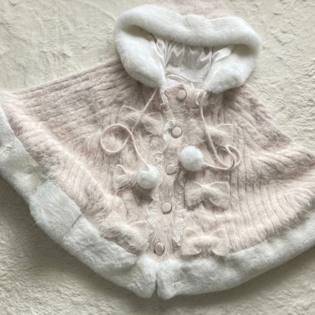 리즈리사 연핑크 후드 폼폼이 리본 케이프 판초 양산형