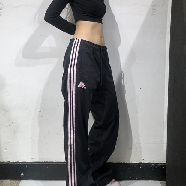 아디다스 블랙 와이드 핑크 삼선 스몰 로고 팬츠 M