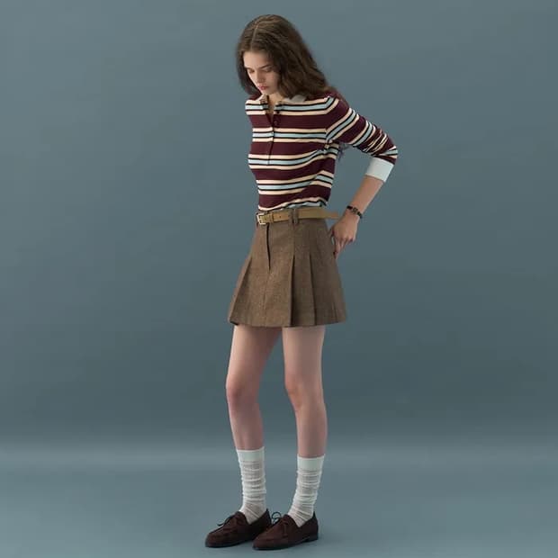 드로우핏 우먼 멀티 스트라이프 슬림 카라 피케 티셔츠 (버건디)