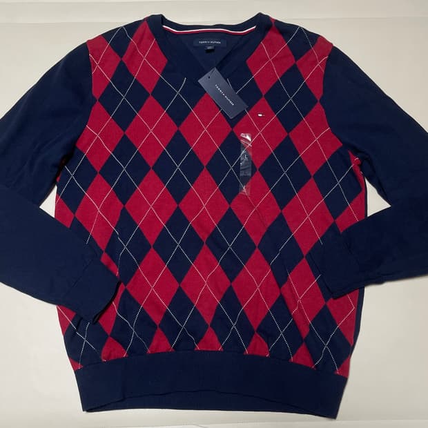 새상품)타미힐피거 아가일 V넥 니트 L