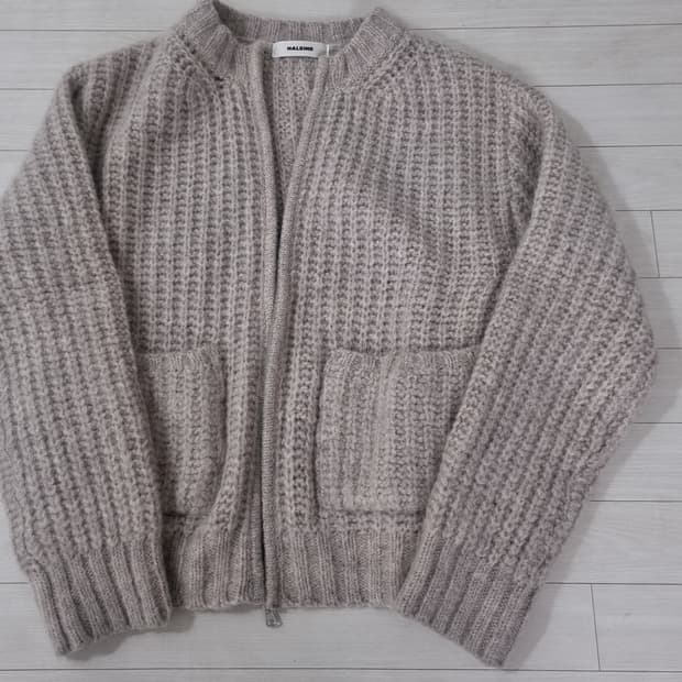 알렌느 알파카 청키 라운드 넥 집업 니트 가디건 오트밀 그레이