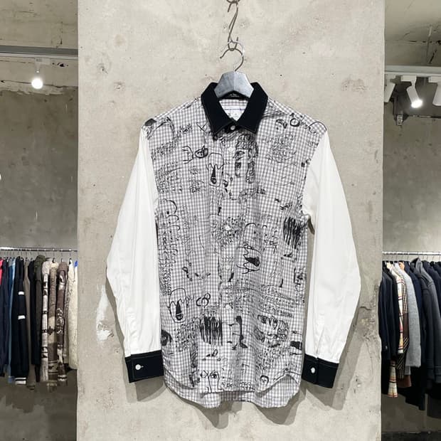 꼼데가르송 셔츠 16S/S 화이트 체크 아트 두들 셔츠