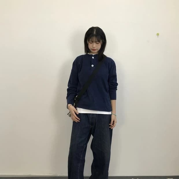 JPN Navy Henley Long Sleeve T-Shirt