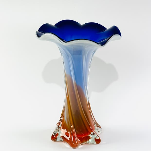 빈티지 무라노 아트글라스 블루 오렌지 러플 화병