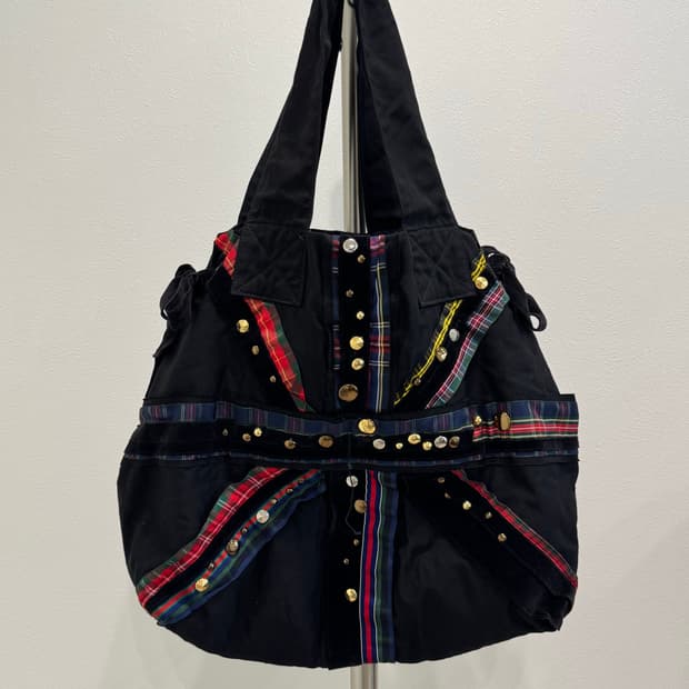 꼼데가르송 타탄 체크 스터드 울 토트백
