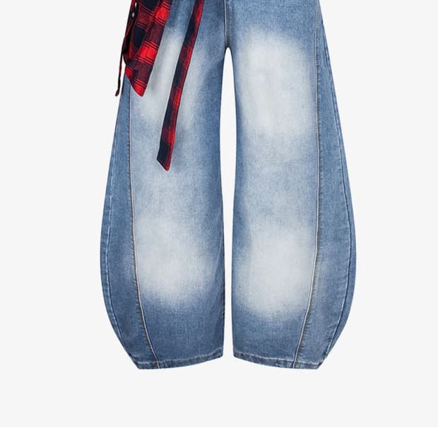 washed plaid belt barrel jeans