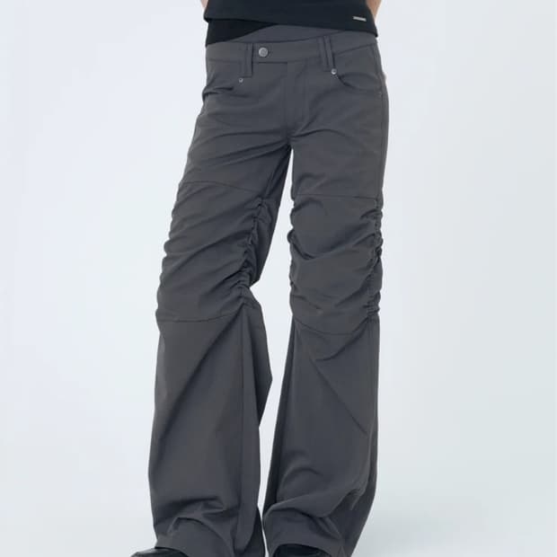Ribbed layered shirring pants CHARCOAL