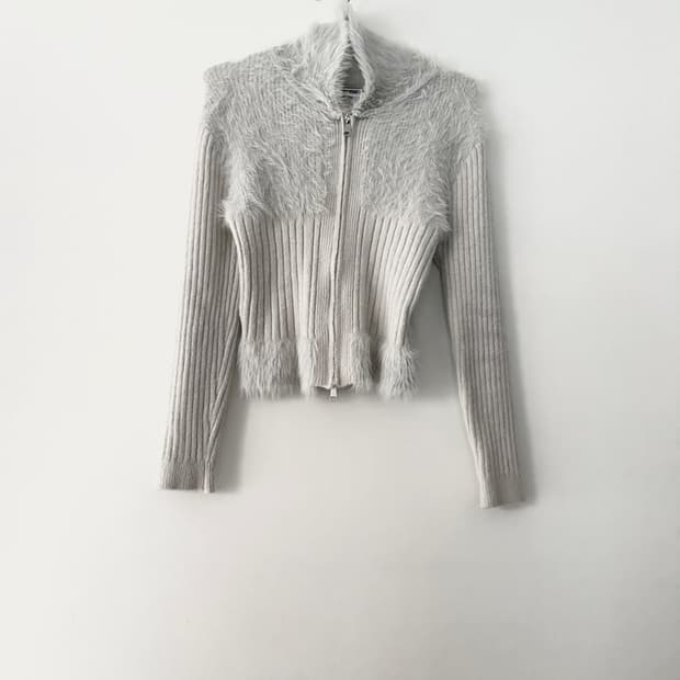 Warm rib 2 way fur cardigan / light grey