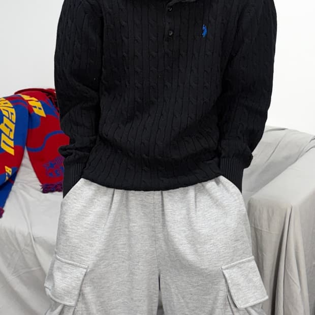 U.S POLO ASSN 폴로 에센 블랙 케이블 니트 XL
