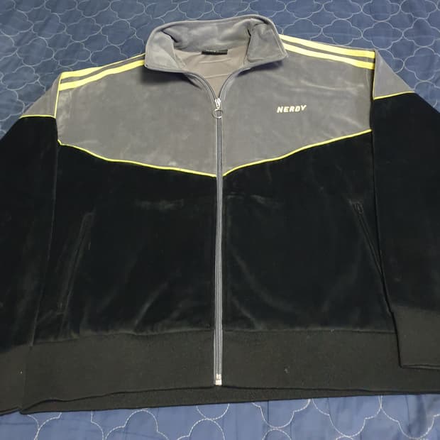 널디 오버사이즈 벨벳 배색 져지 집업자켓 블랙&그레이 (S)