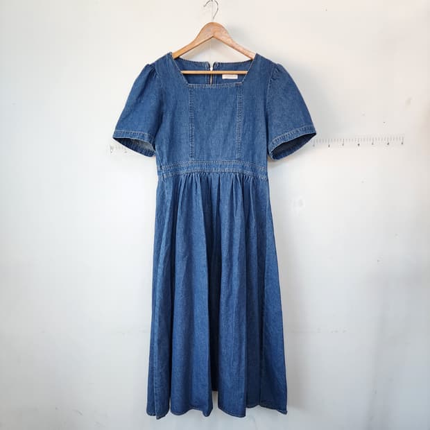 르꼬르망 청 데님 롱 원피스 퍼프소매 스퀘어넥