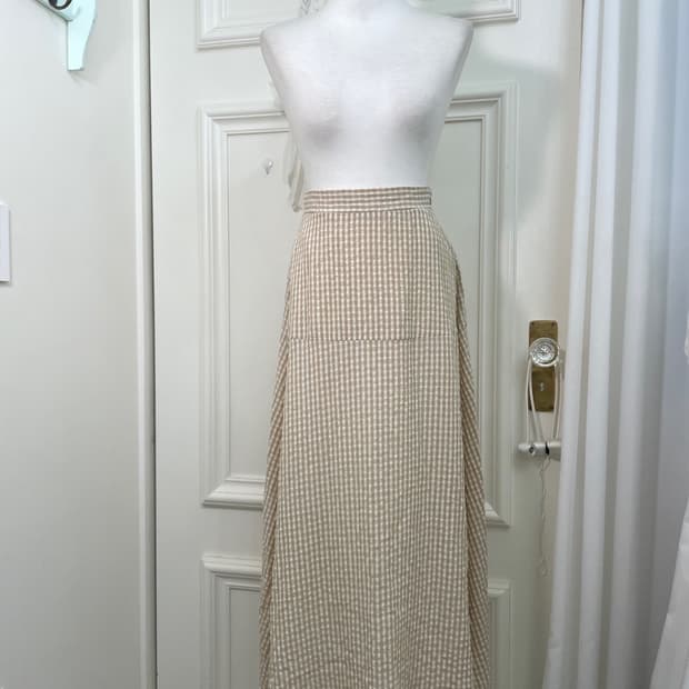 beige gingham check banding long skirt