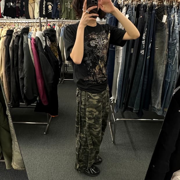 L)Denim Attitude 빈티지 Y2K 큐빅 프린팅 반팔