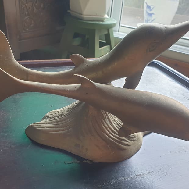 🐬 행운과 화목을 부르는 빈티지 황동 쌍돌고래 조각상 / 골동 수집용
