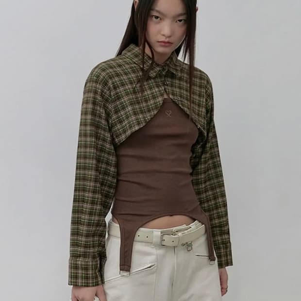 세이스라 체크 볼레로 셔츠 브라운