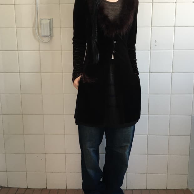 Fur trimming point velvet cardigan