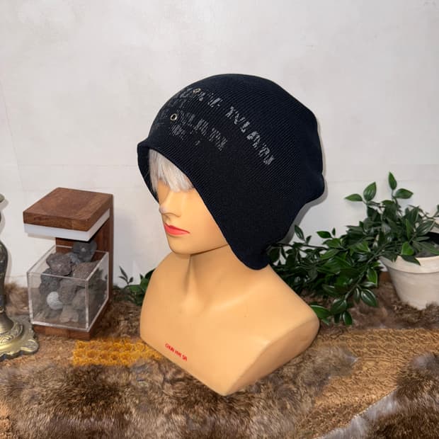 Black eyelet lettering loose knit beanie