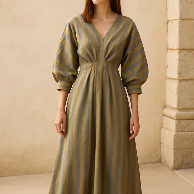 LANVIN 랑방 볼륨 벌룬 소매 스트라이프 브이넥 롱 원피스 ~55