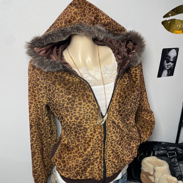 빈티지 호피 퍼 후드집업 갸루