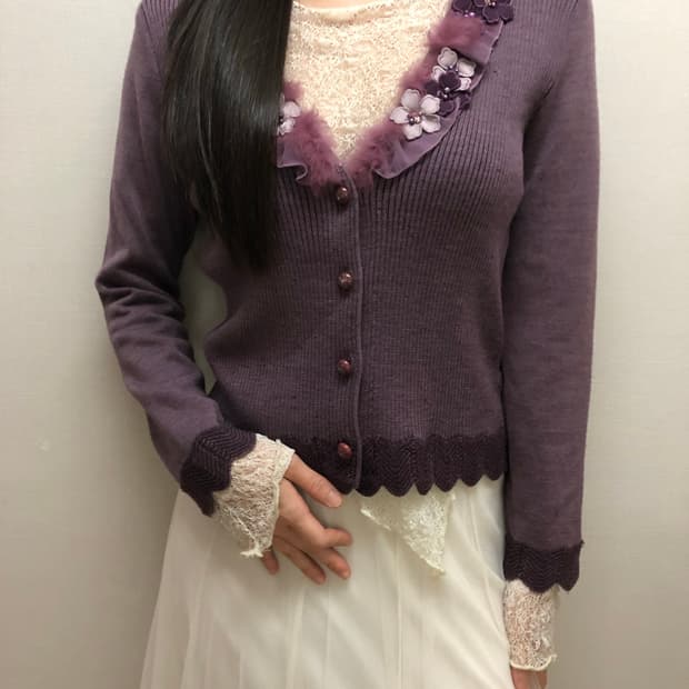 빈티지 퍼플 플라워 니트 가디건