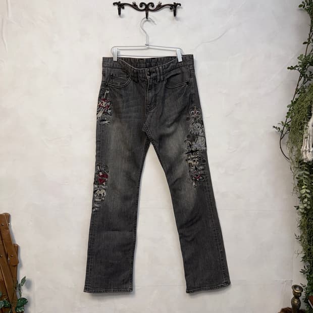 Black denim oriental punk embroidered pt