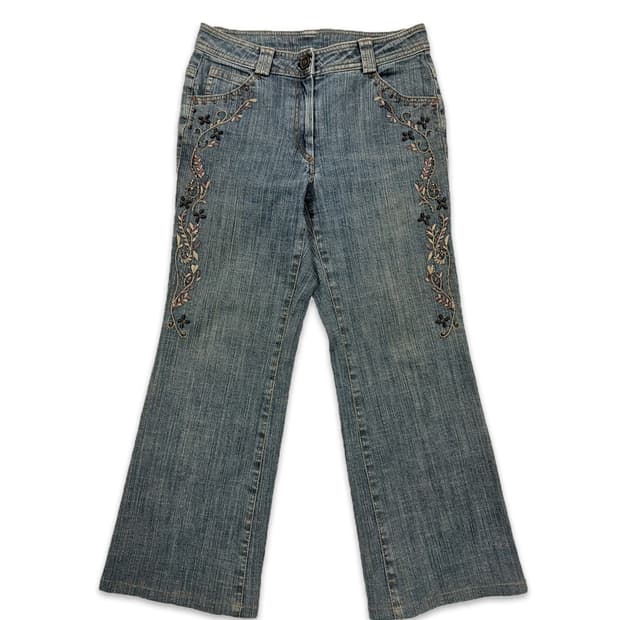 빈티지 비즈 자수 와이드 부츠컷 팬츠