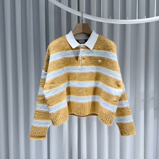 (S/M) 셀린느 크롭 로고 폴로 스트라이프 니트 스웨터 옐로우