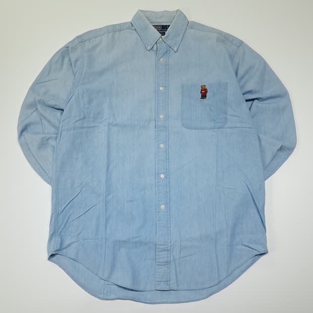 CL063 폴로 코튼 90s블레어 USA후디베어 연청 샴브레이셔츠