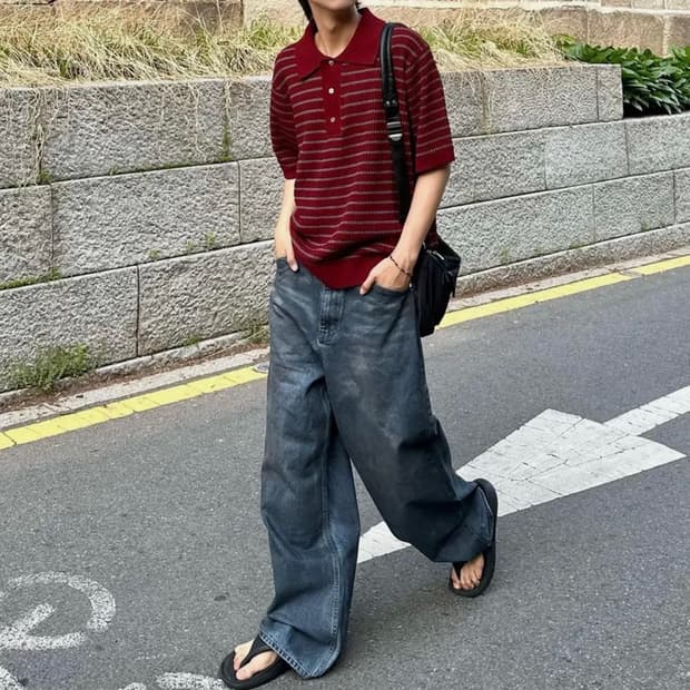 인템포무드 허니비 스트라이프 칼라 니트웨어_와인 M