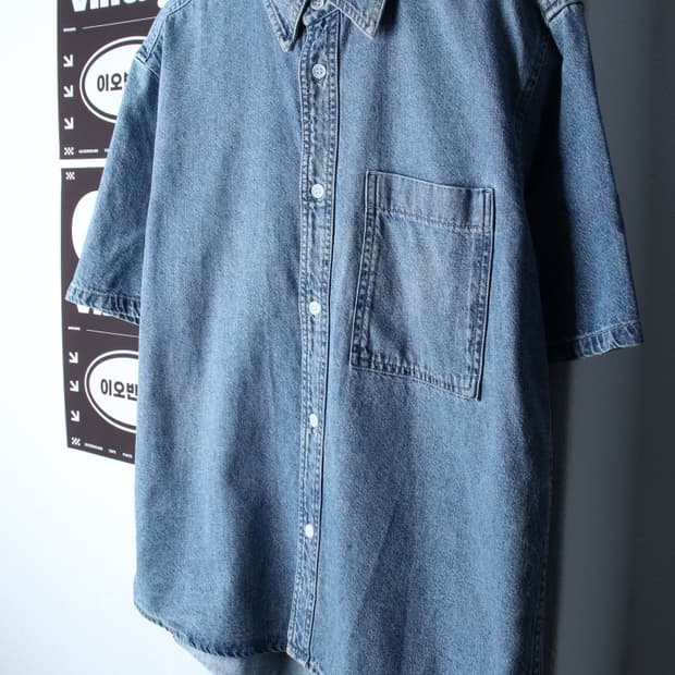 (L-XL) 에잇세컨즈 반팔 카라 티셔츠 셔츠 남방 데님 청-H32749