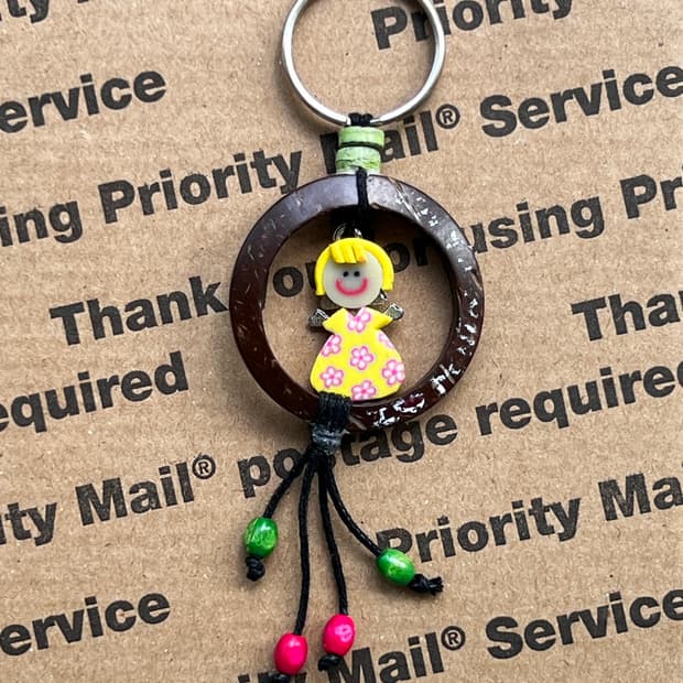 90s vtg Wooden Doll Keyring