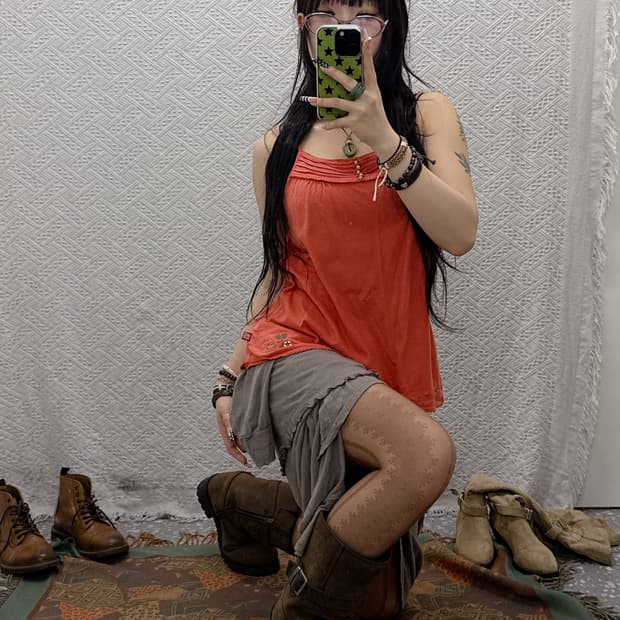 빈티지 레이스 란제리 Y2K 오렌지 콩버튼 슬리브리스 끈나시 K0023