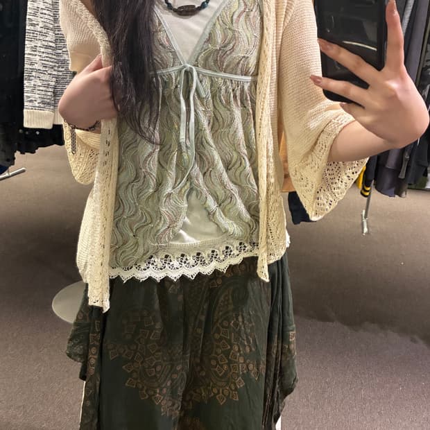 OS)Japanese vintage 여성 웨이브 패턴 트임 나시