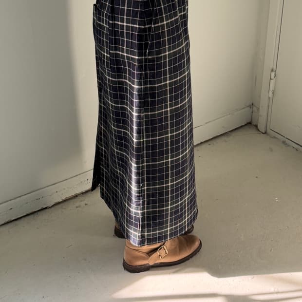 일본빈티지 그린네이비 체크 롱스커트 