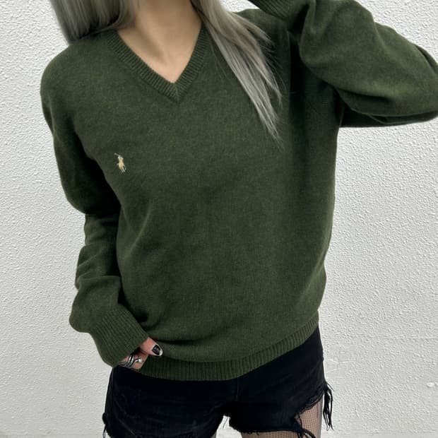 폴로 랄프로렌 아이보리 포니 카키 브이넥 니트 L