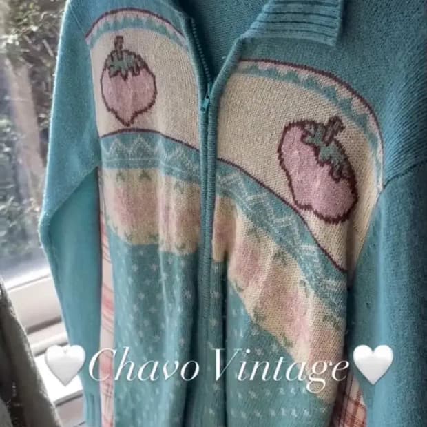 빈티지 베티스블루 딸기 패턴 니트 집업